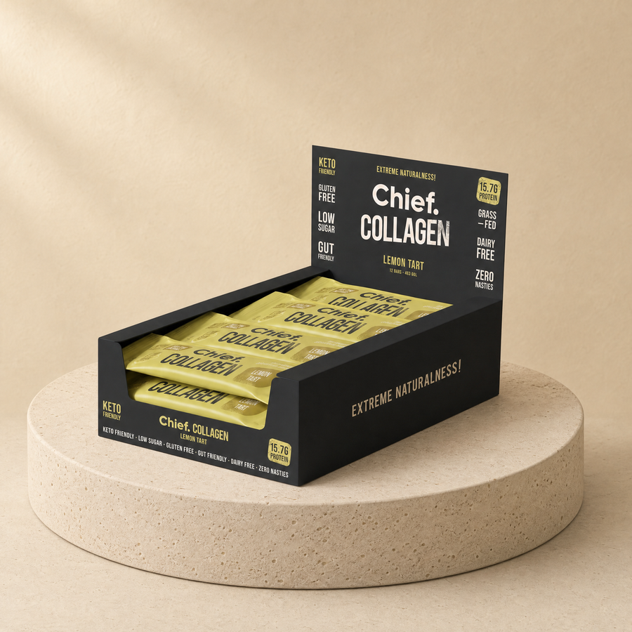 Collagen protein bars (lemon tart) on a beige stone platform