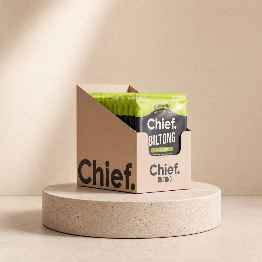 Chipotle and lime biltong on a beige stone platform