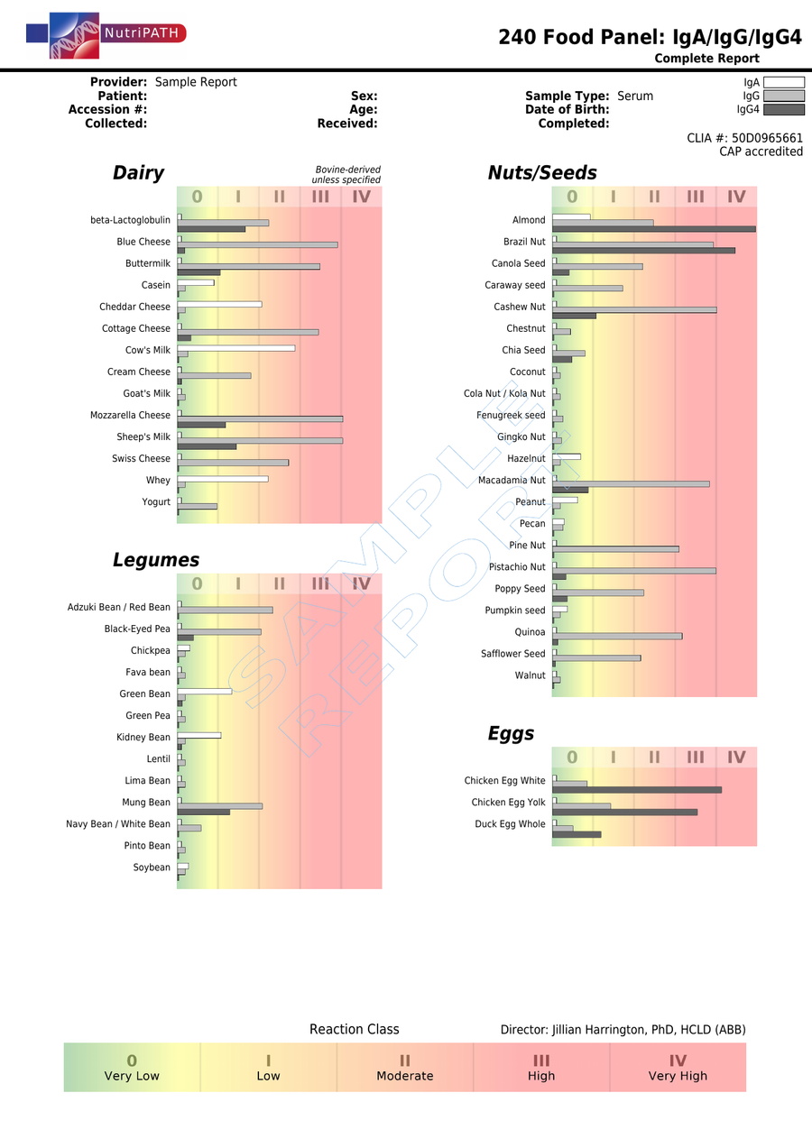 NutriPATH published sample report · IgG+IgA 240 Combination · Example page 1; report format may vary