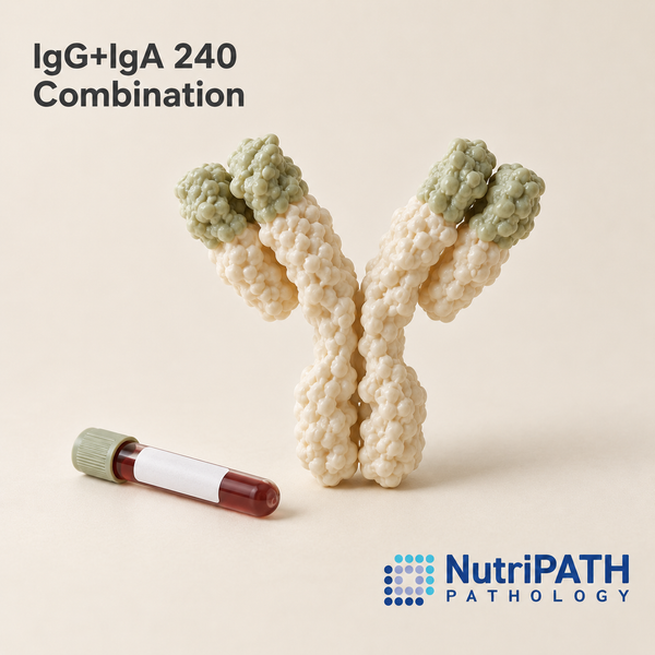 IgG+IgA 240 Combination — original OptiLabs clinical illustration with supplier logo; collection items are illustrative, not the exact supplied kit