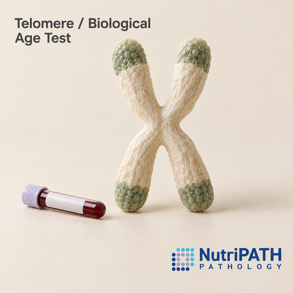 Telomere / Biological Age Test — original OptiLabs clinical illustration with supplier logo; collection items are illustrative, not the exact supplied kit