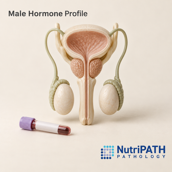 Male Hormone Profile — original OptiLabs clinical illustration with supplier logo; collection items are illustrative, not the exact supplied kit