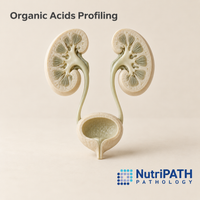 Organic Acids Profiling — original OptiLabs clinical illustration with supplier logo; collection items are illustrative, not the exact supplied kit