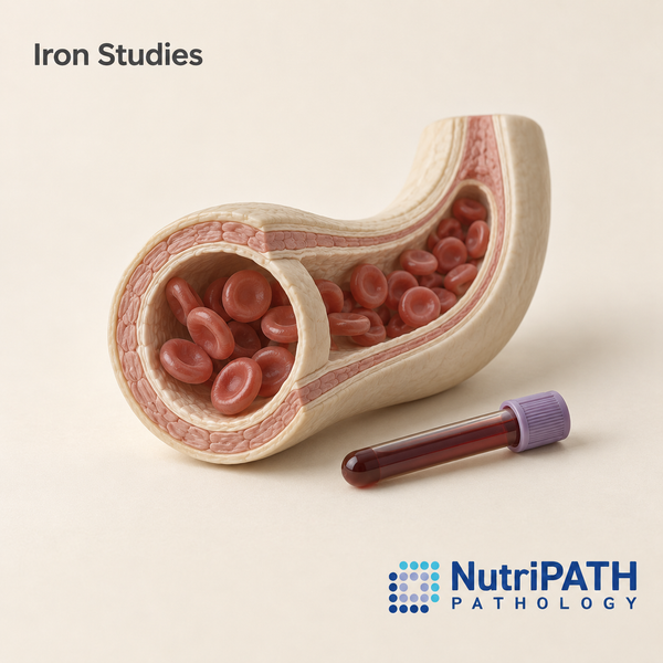 Iron Studies — original OptiLabs clinical illustration with supplier logo; collection items are illustrative, not the exact supplied kit