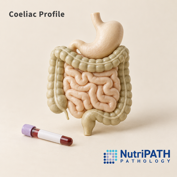 Coeliac Profile — original OptiLabs clinical illustration with supplier logo; collection items are illustrative, not the exact supplied kit