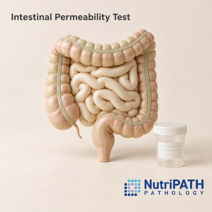 Intestinal Permeability Test — original OptiLabs clinical illustration with supplier logo; collection items are illustrative, not the exact supplied kit