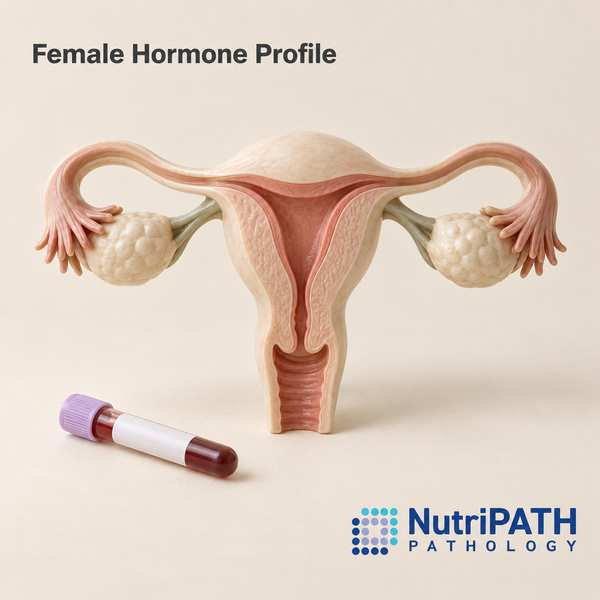 Female Hormone Profile — original OptiLabs clinical illustration with supplier logo; collection items are illustrative, not the exact supplied kit