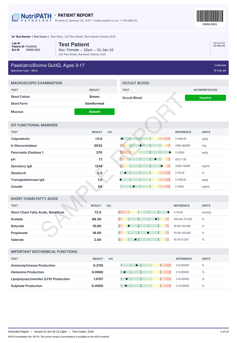 NutriPATH published sample report · PaediatricBiome GutIQ (Ages 3–17 Years) · Example page 1; report format may vary