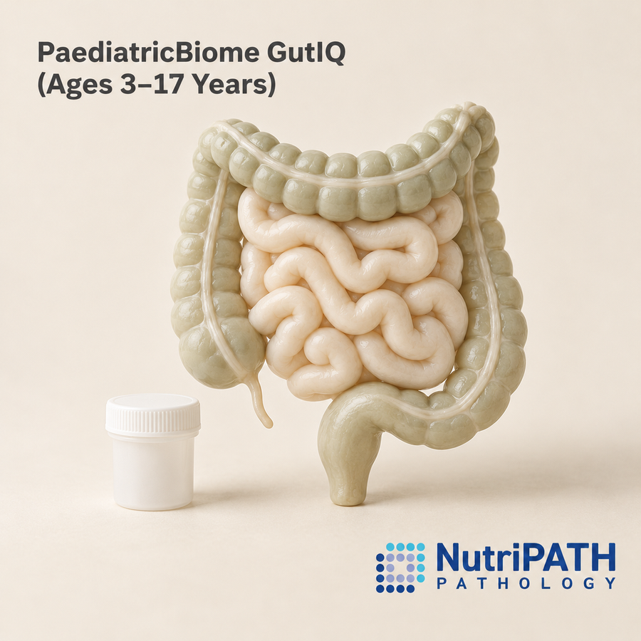 PaediatricBiome GutIQ (Ages 3–17 Years) — original OptiLabs clinical illustration with supplier logo; collection items are illustrative, not the exact supplied kit