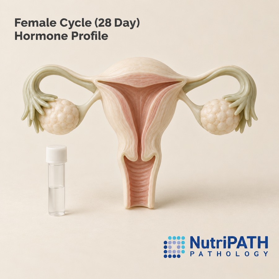 Female Cycle (28 Day) Hormone Profile — original OptiLabs clinical illustration with supplier logo; collection items are illustrative, not the exact supplied kit