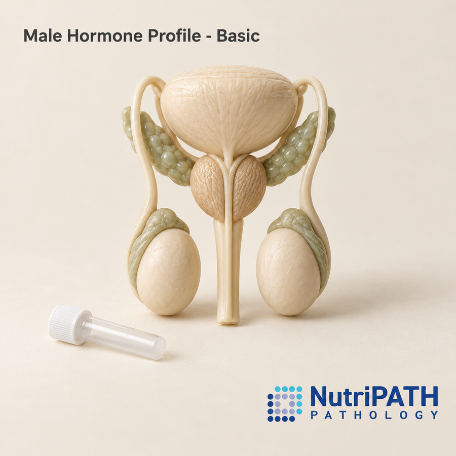 Male Hormone Profile - Basic — original OptiLabs clinical illustration with supplier logo; collection items are illustrative, not the exact supplied kit