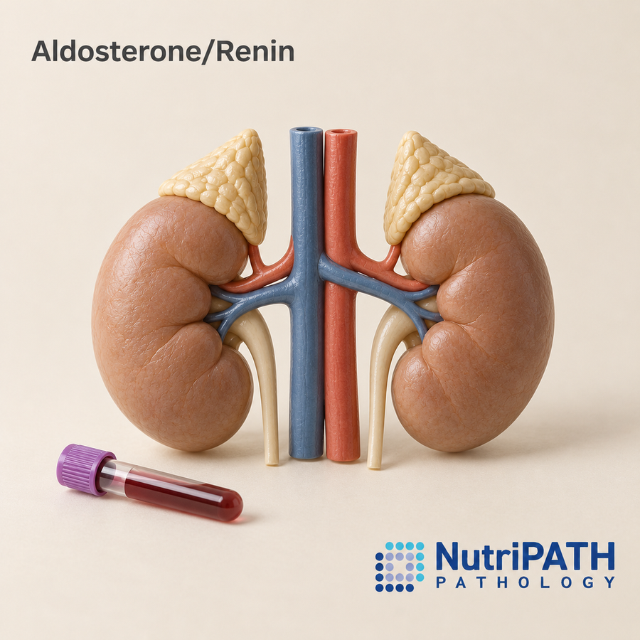 Aldosterone/Renin — original OptiLabs clinical illustration with supplier logo; collection items are illustrative, not the exact supplied kit