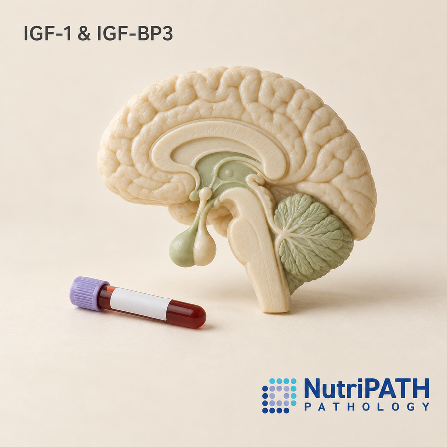 IGF-1 & IGF-BP3 — original OptiLabs clinical illustration with supplier logo; collection items are illustrative, not the exact supplied kit
