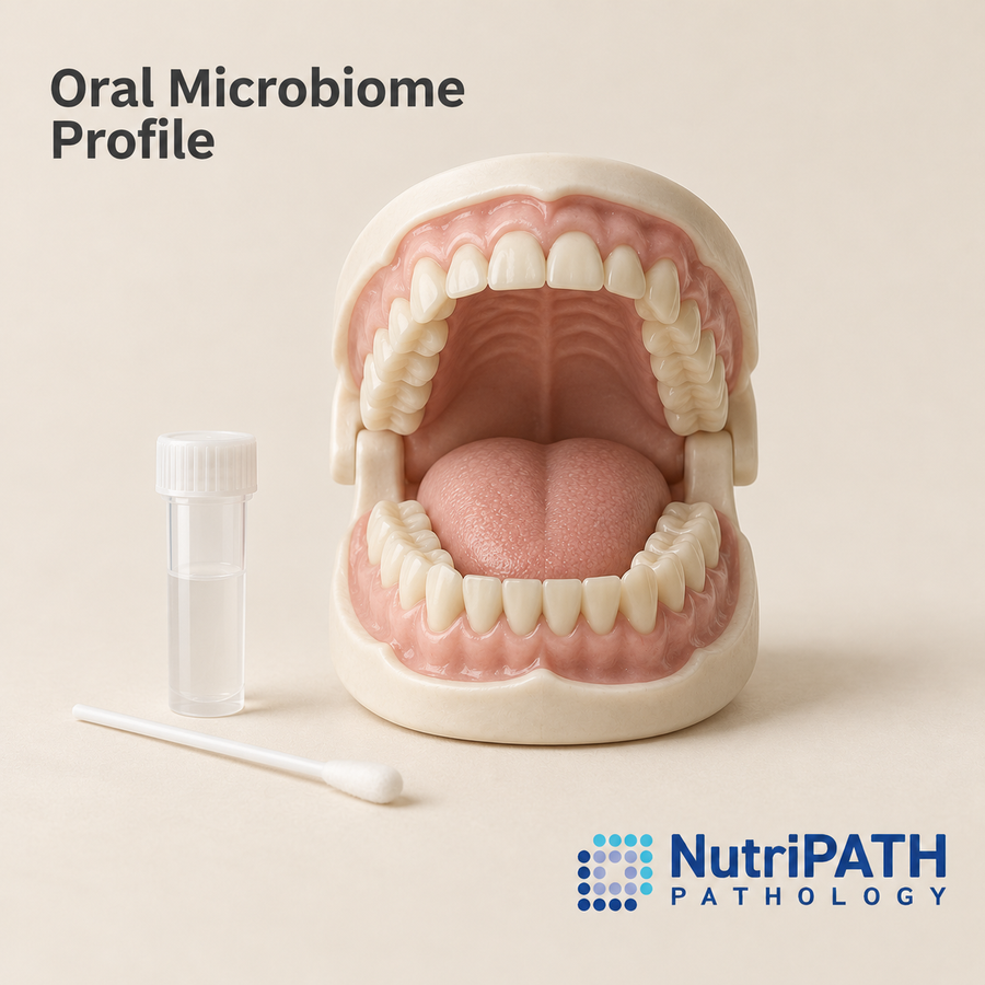 Oral Microbiome Profile — original OptiLabs clinical illustration with supplier logo; collection items are illustrative, not the exact supplied kit