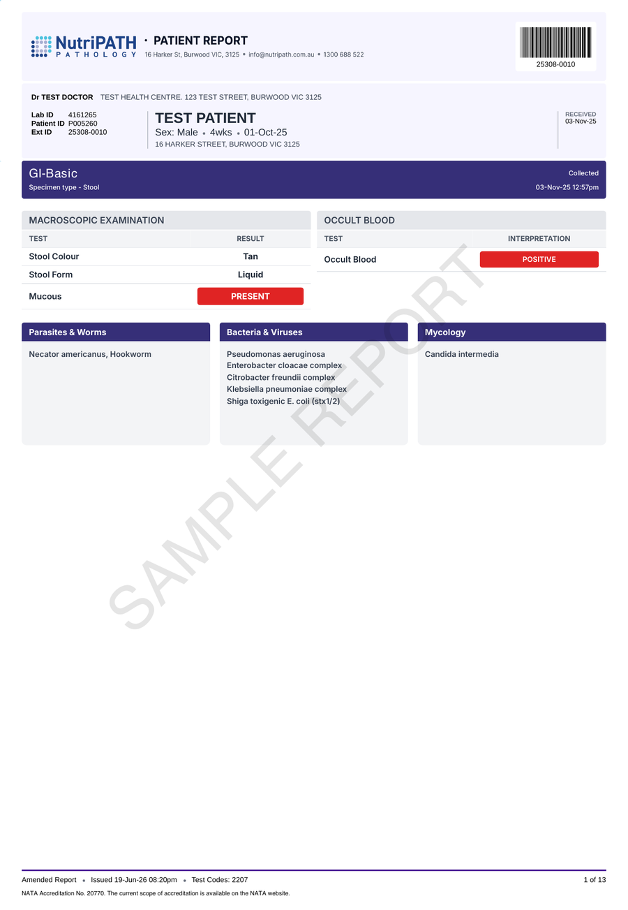 NutriPATH published sample report · GI-Basic · Example page 1; report format may vary