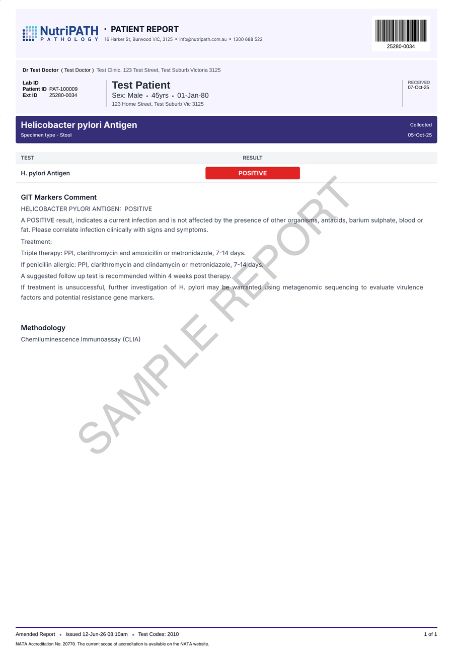 NutriPATH published sample report · Helicobacter pylori Antigen (faecal) · Example page 1; report format may vary