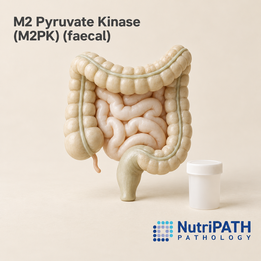 M2 Pyruvate Kinase (M2PK) (faecal) — original OptiLabs clinical illustration with supplier logo; collection items are illustrative, not the exact supplied kit