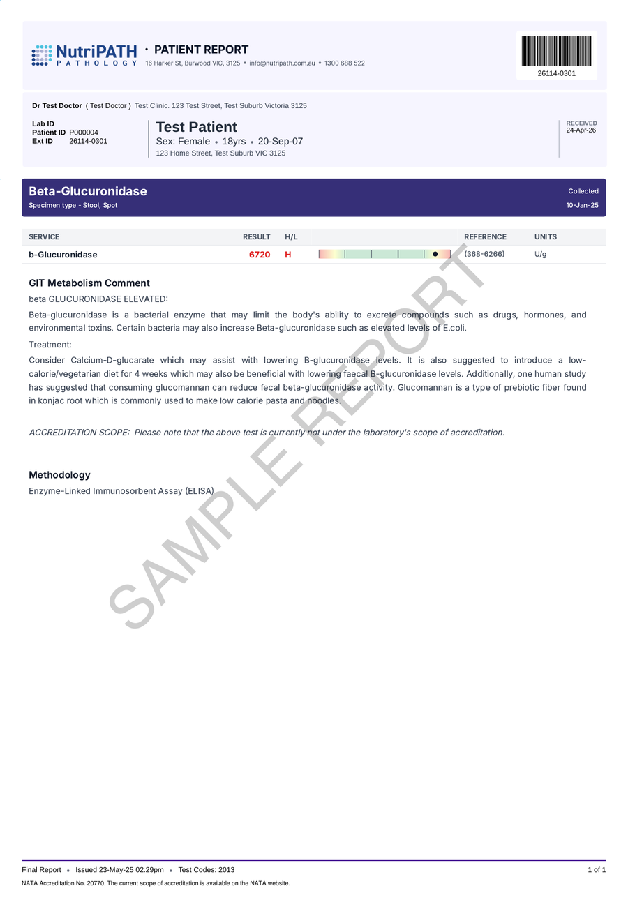 NutriPATH published sample report · Beta-Glucuronidase (faecal) · Example page 1; report format may vary