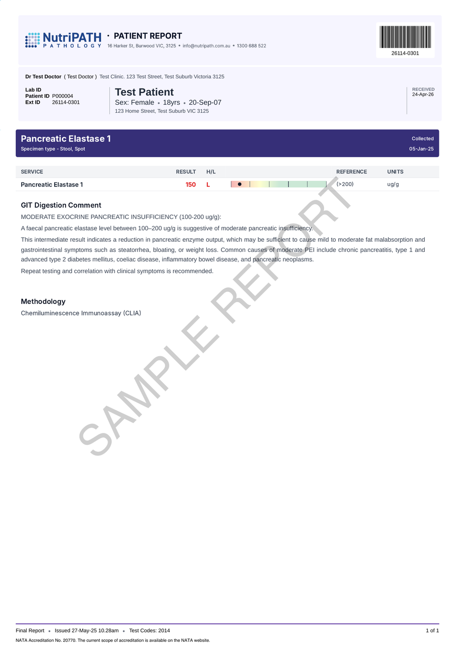 NutriPATH published sample report · Pancreatic Elastase 1 (faecal) · Example page 1; report format may vary