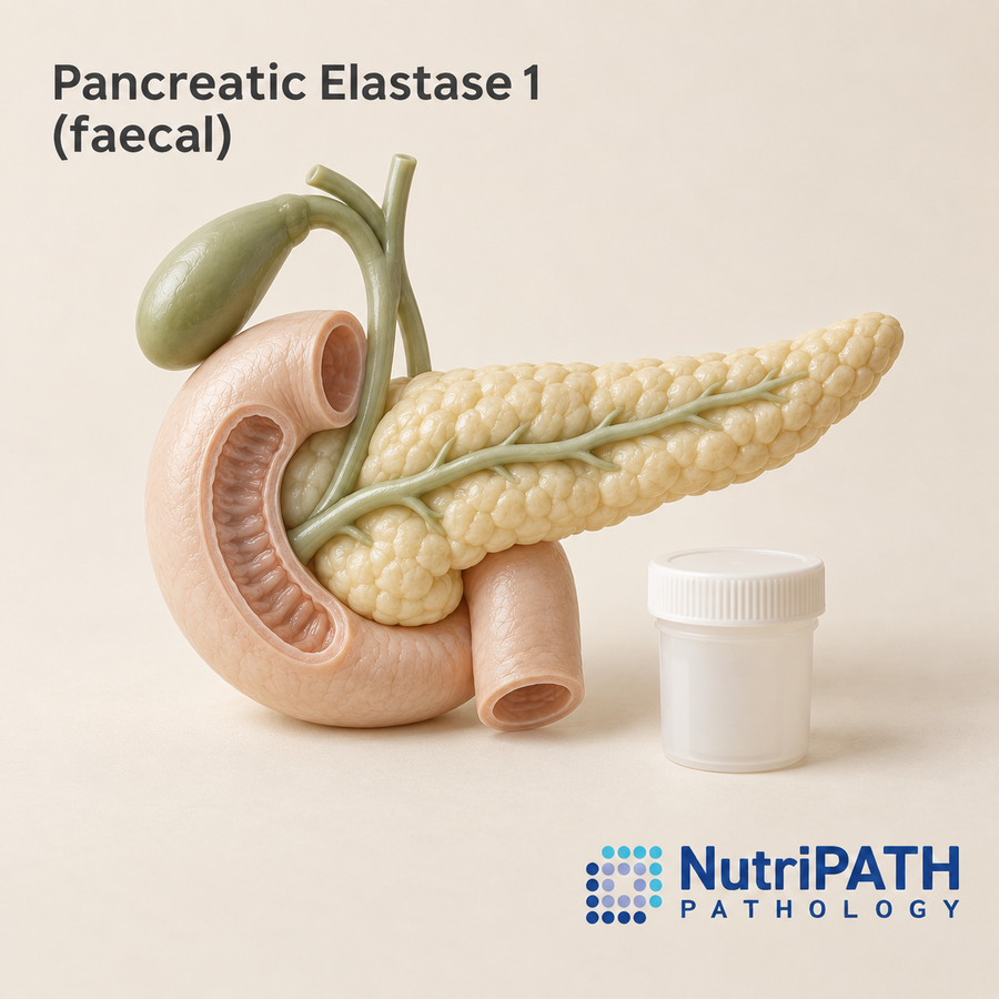 Pancreatic Elastase 1 (faecal) — original OptiLabs clinical illustration with supplier logo; collection items are illustrative, not the exact supplied kit