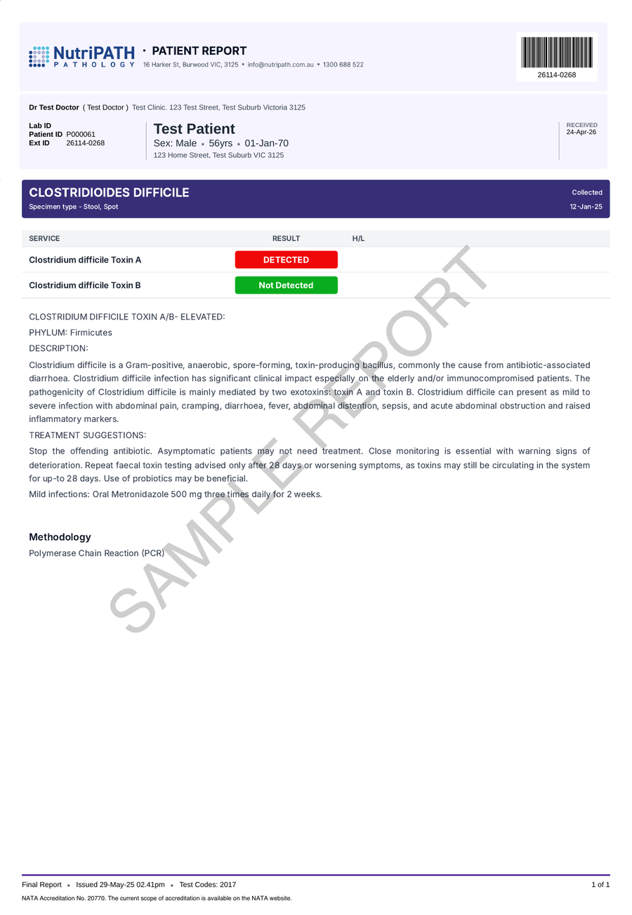 NutriPATH published sample report · Clostridium difficile Test · Example page 1; report format may vary