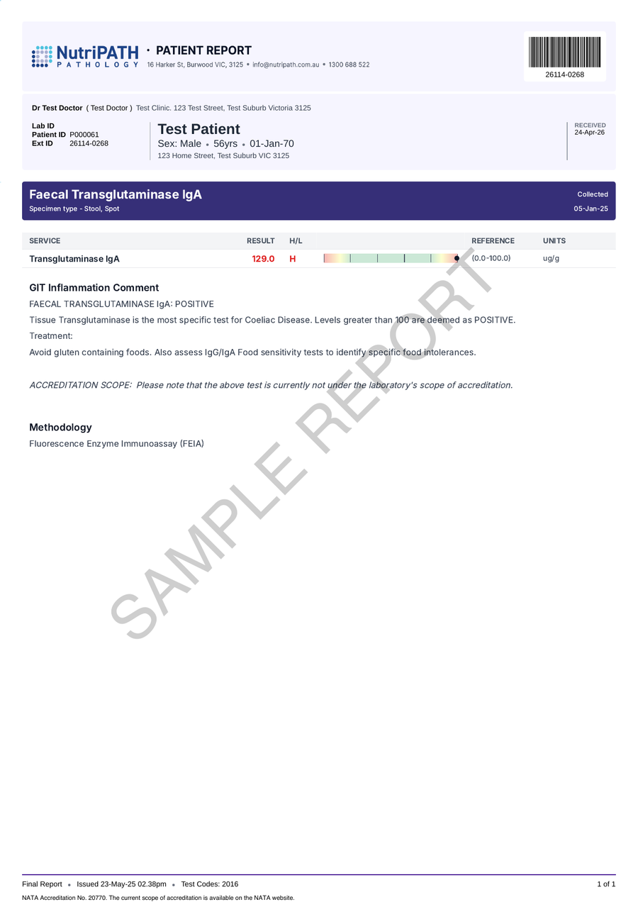 NutriPATH published sample report · Transglutaminase IgA (faecal) · Example page 1; report format may vary
