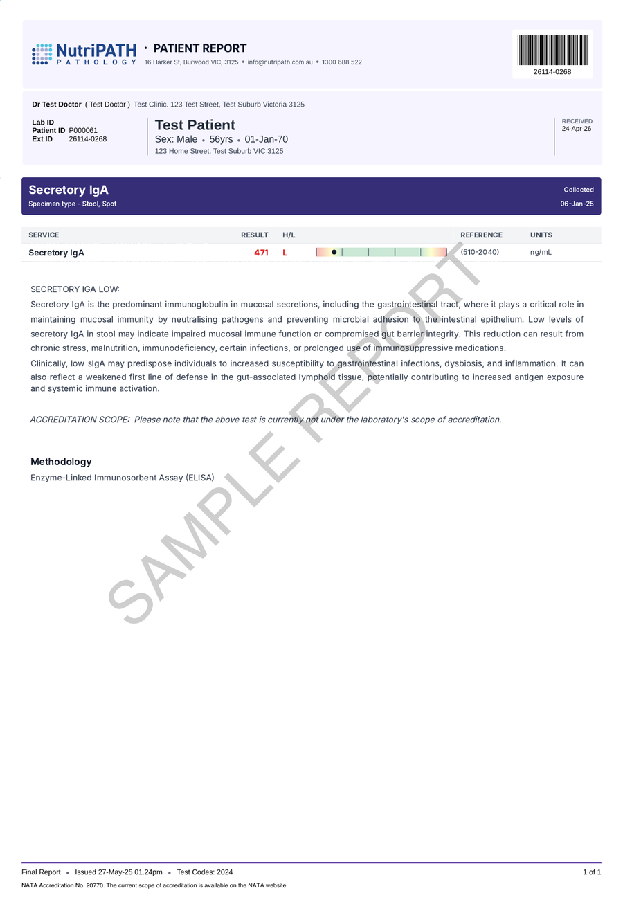 NutriPATH published sample report · Secretory IgA (faecal) · Example page 1; report format may vary