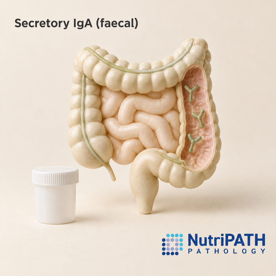 Secretory IgA (faecal) — original OptiLabs clinical illustration with supplier logo; collection items are illustrative, not the exact supplied kit