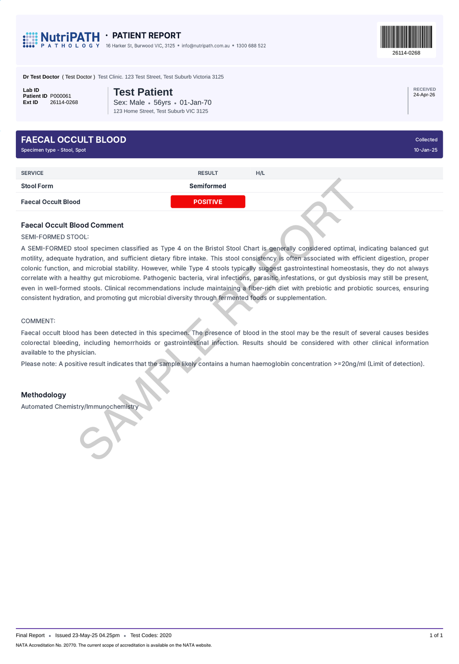 NutriPATH published sample report · Faecal Occult Blood · Example page 1; report format may vary