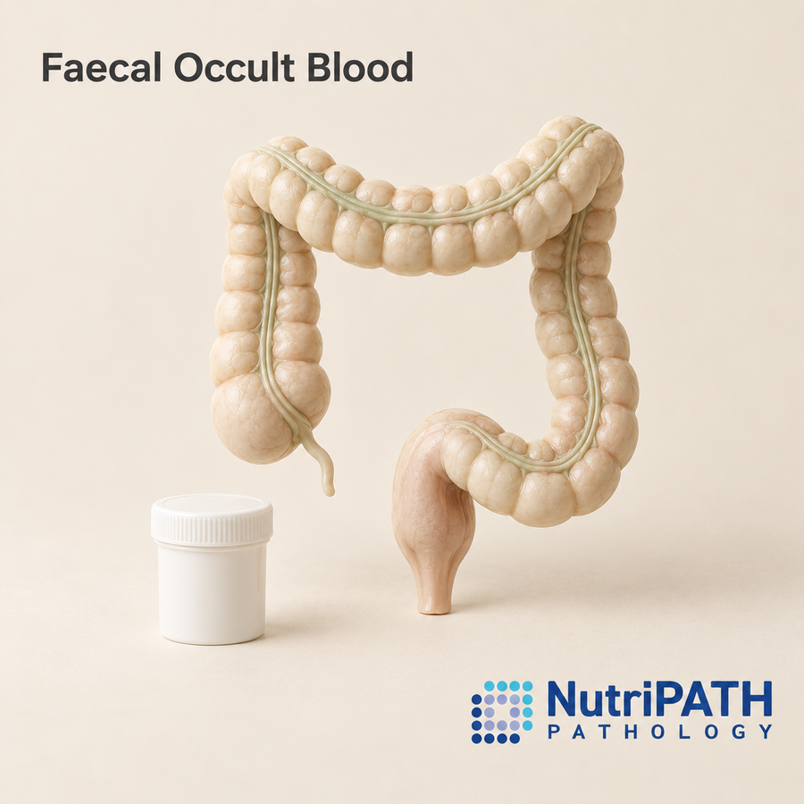 Faecal Occult Blood — original OptiLabs clinical illustration with supplier logo; collection items are illustrative, not the exact supplied kit