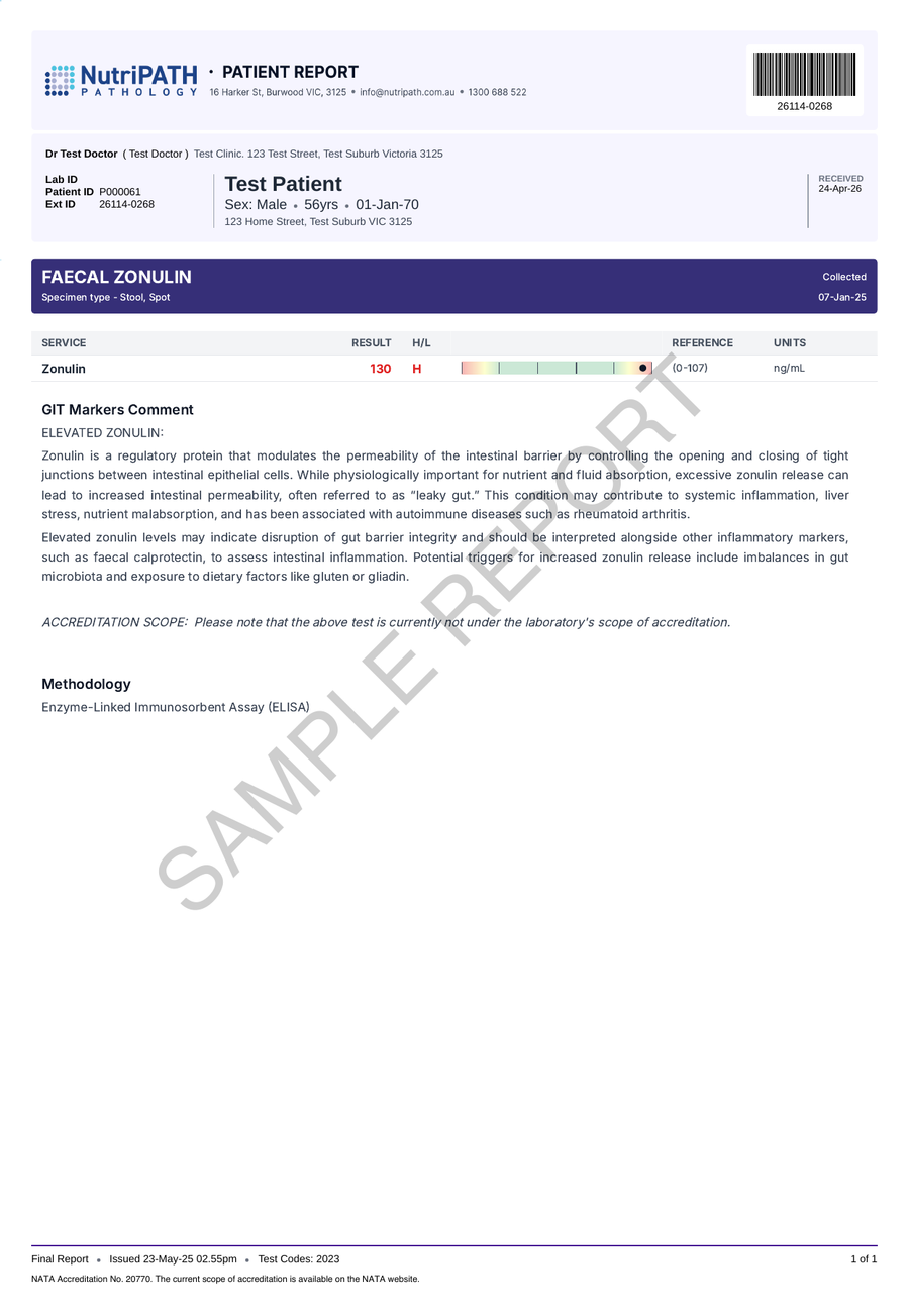 NutriPATH published sample report · Zonulin (faecal) · Example page 1; report format may vary