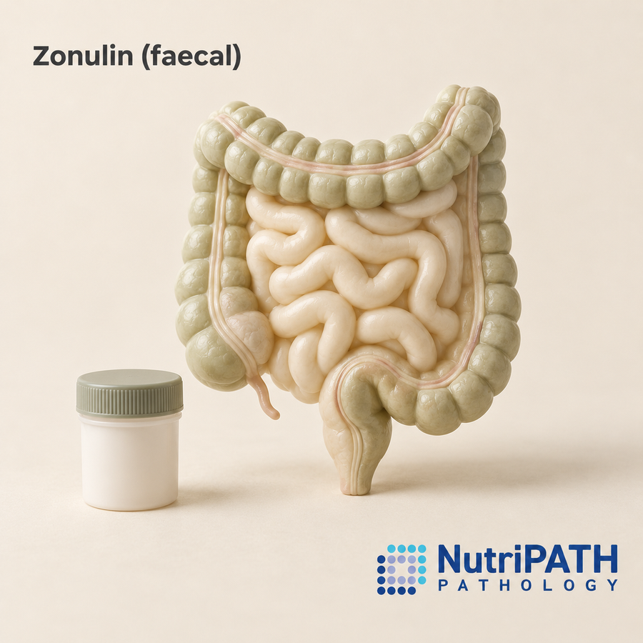 Zonulin (faecal) — original OptiLabs clinical illustration with supplier logo; collection items are illustrative, not the exact supplied kit