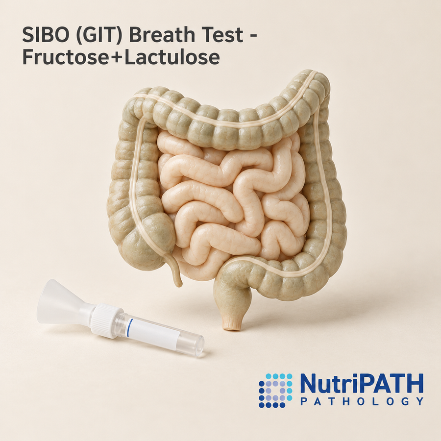 SIBO (GIT) Breath Test - Fructose+Lactulose — original OptiLabs clinical illustration with supplier logo; collection items are illustrative, not the exact supplied kit