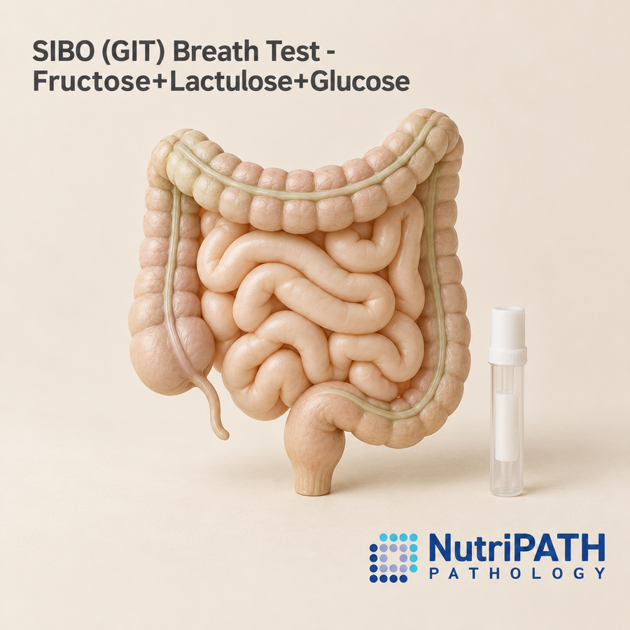 SIBO (GIT) Breath Test - Fructose+Lactulose+Glucose — original OptiLabs clinical illustration with supplier logo; collection items are illustrative, not the exact supplied kit