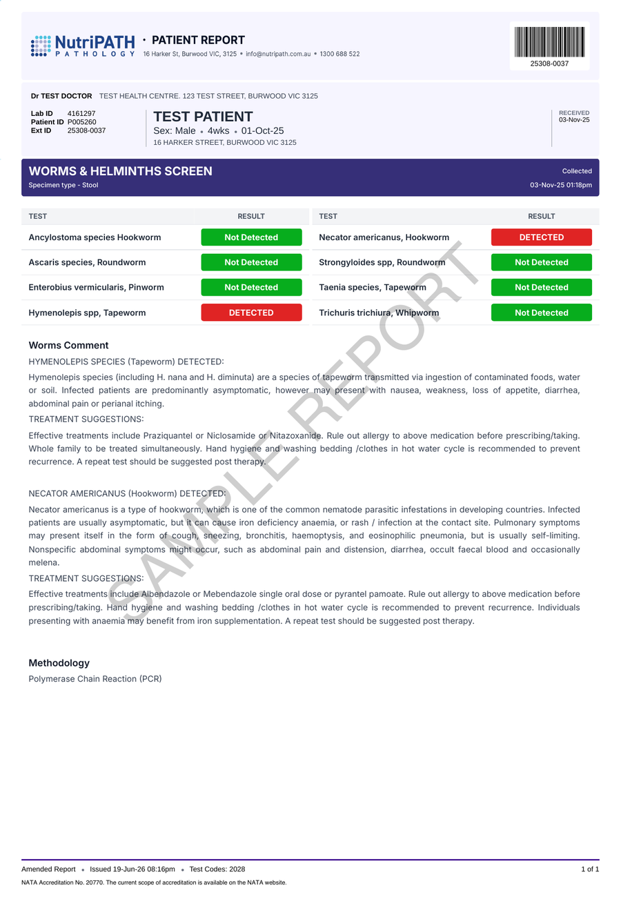 NutriPATH published sample report · Worms & Helminths Screen · Example page 1; report format may vary