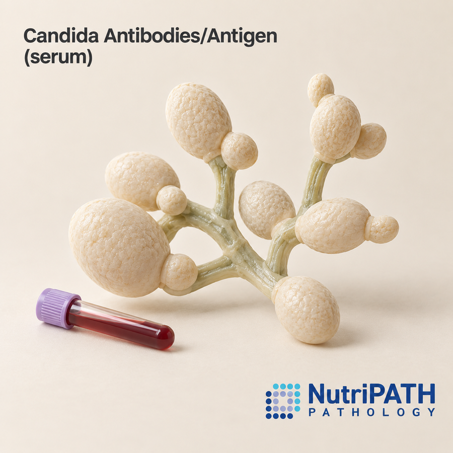 Candida Antibodies/Antigen (serum) — original OptiLabs clinical illustration with supplier logo; collection items are illustrative, not the exact supplied kit