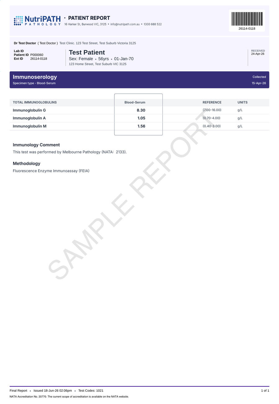 NutriPATH published sample report · Total Immunoglobulins · Example page 1; report format may vary