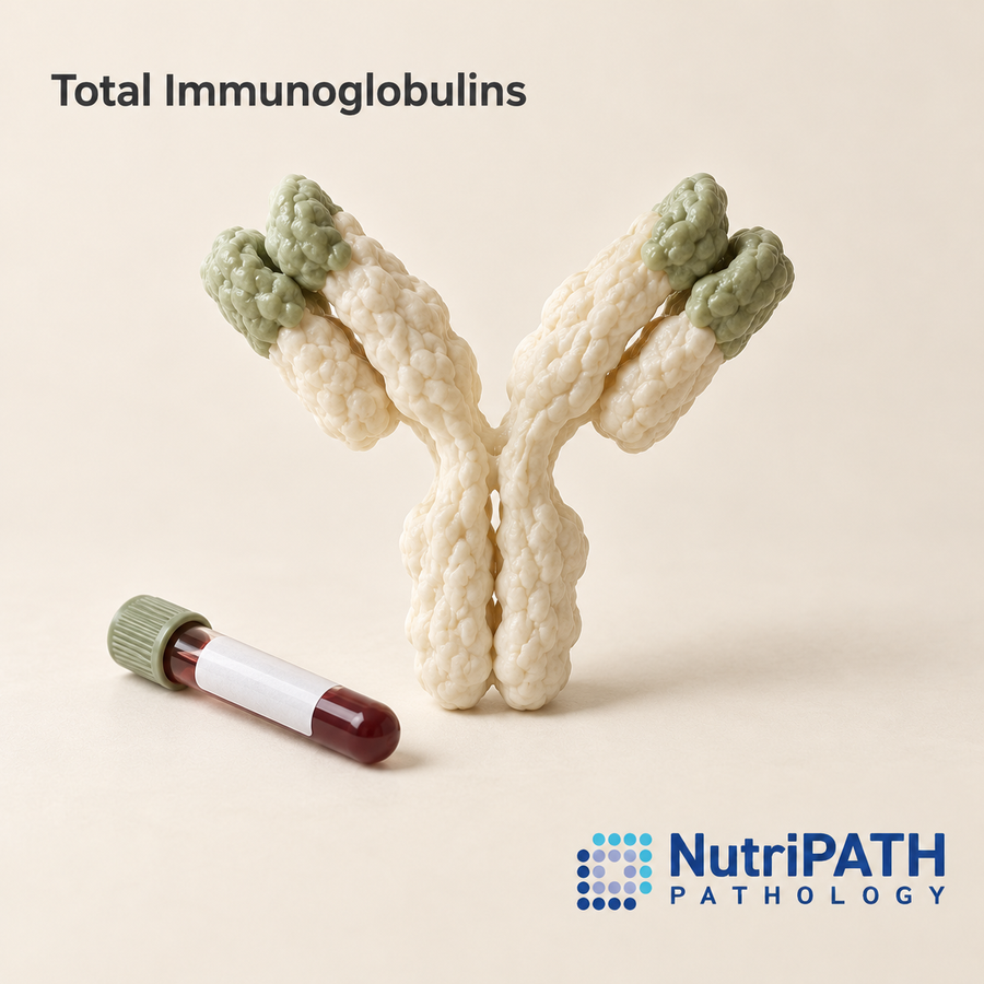 Total Immunoglobulins — original OptiLabs clinical illustration with supplier logo; collection items are illustrative, not the exact supplied kit