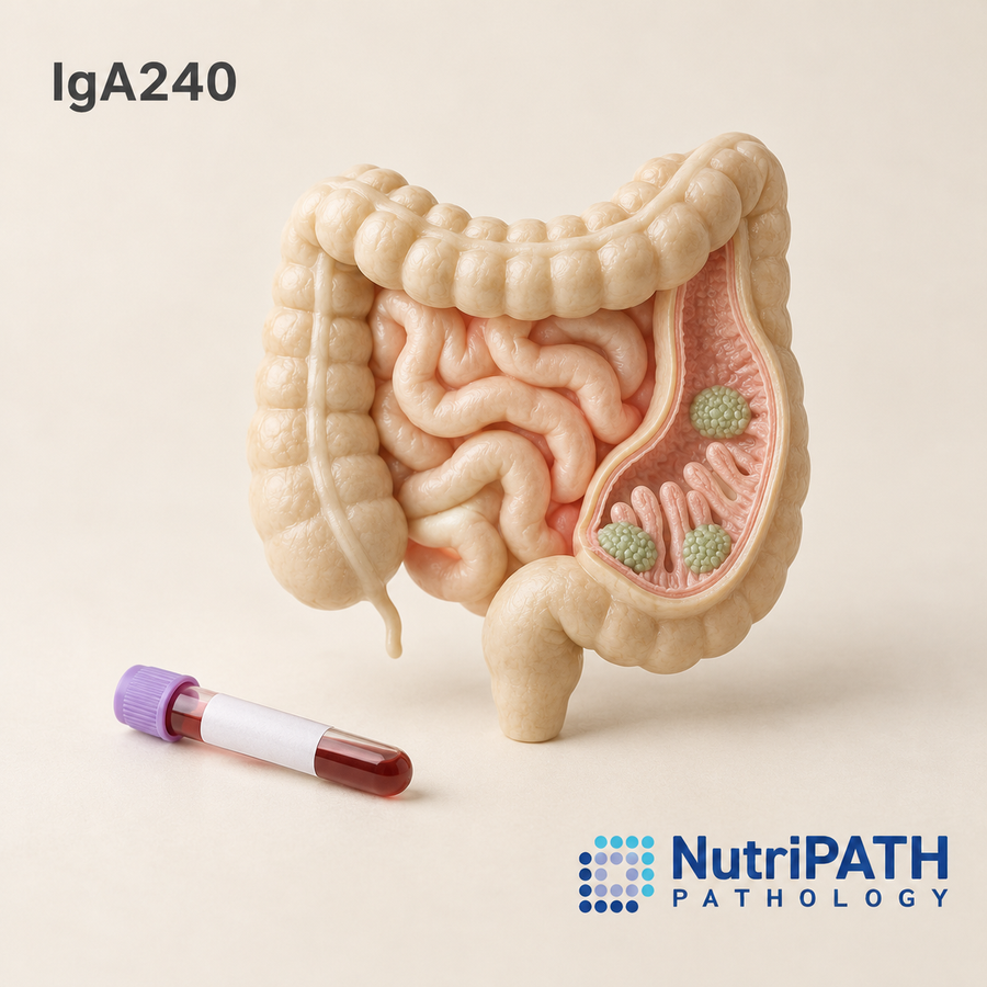 IgA240 — original OptiLabs clinical illustration with supplier logo; collection items are illustrative, not the exact supplied kit