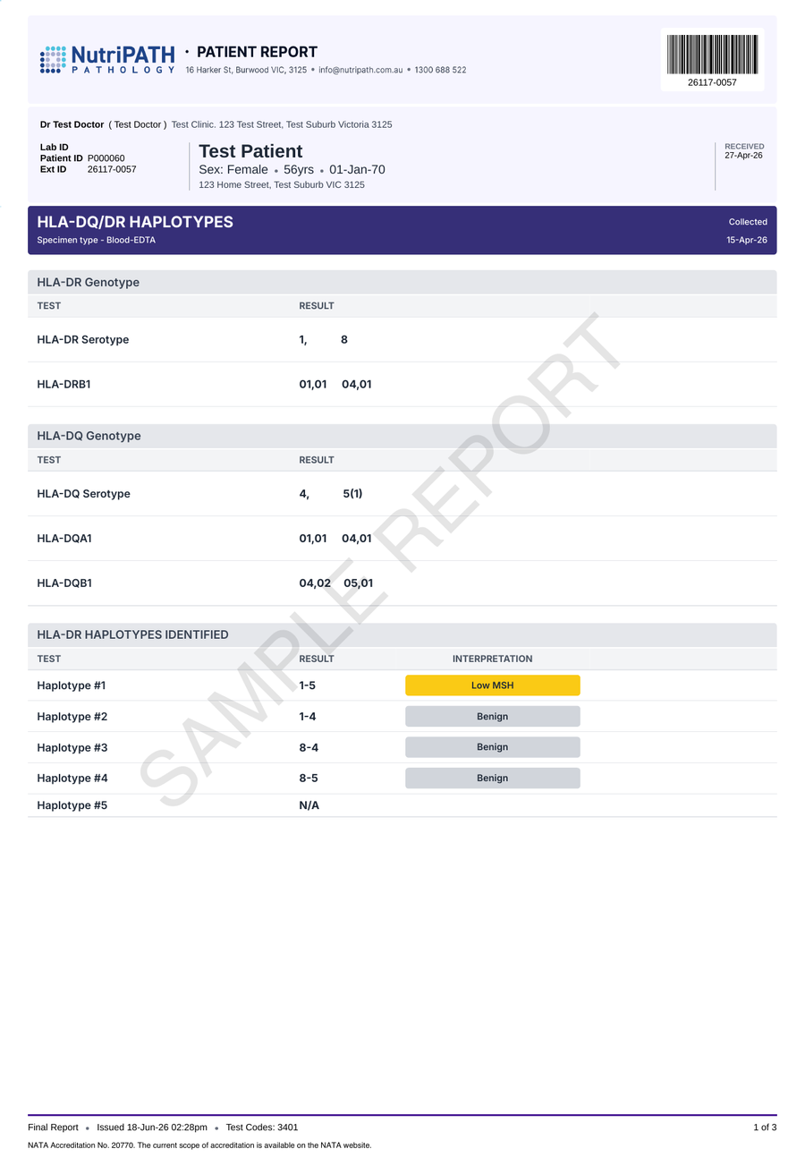 NutriPATH published sample report · HLA DQ/DR Haplotypes · Example page 1; report format may vary