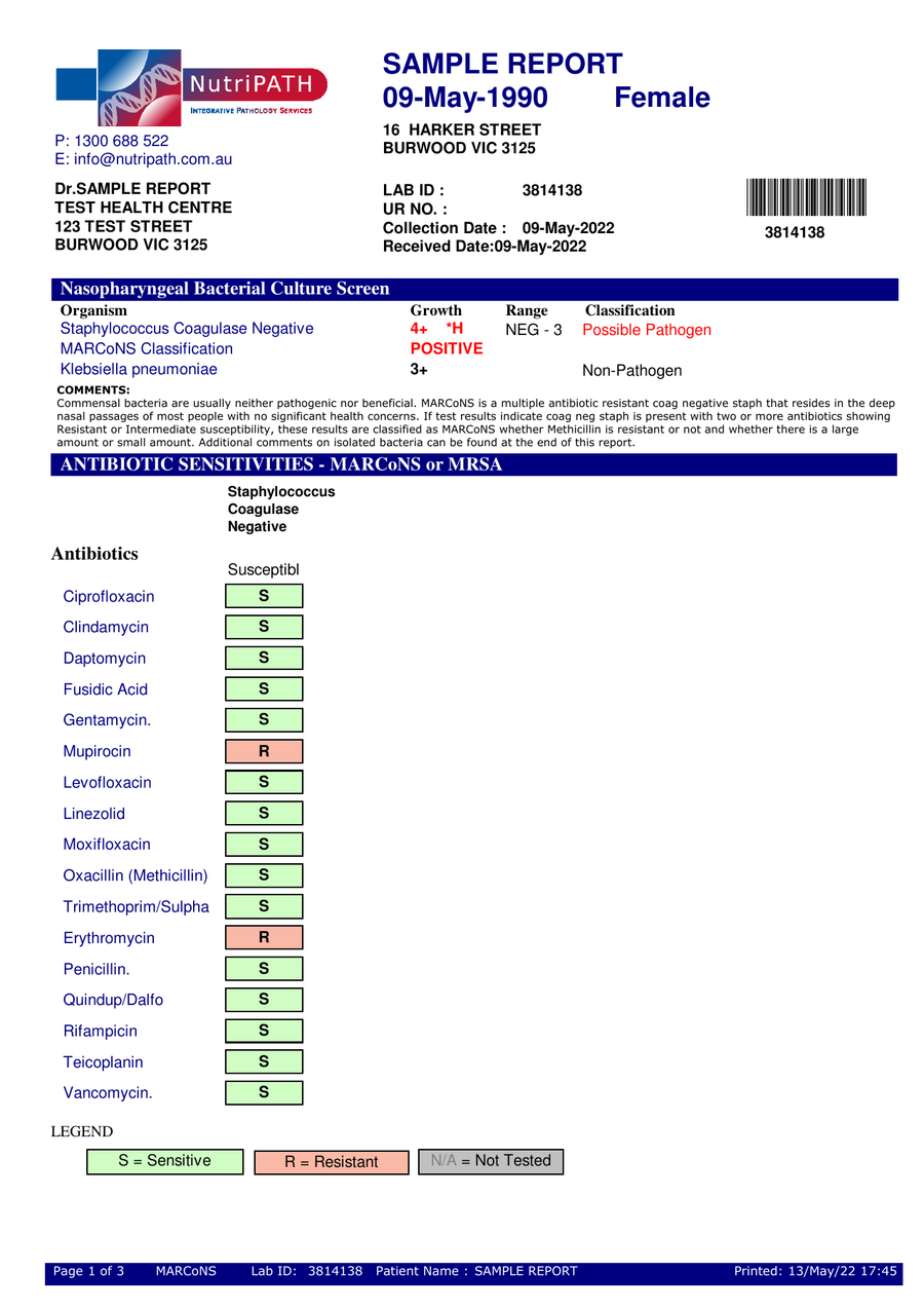 NutriPATH published sample report · Nasopharyngeal Bacterial Culture · Example page 1; report format may vary