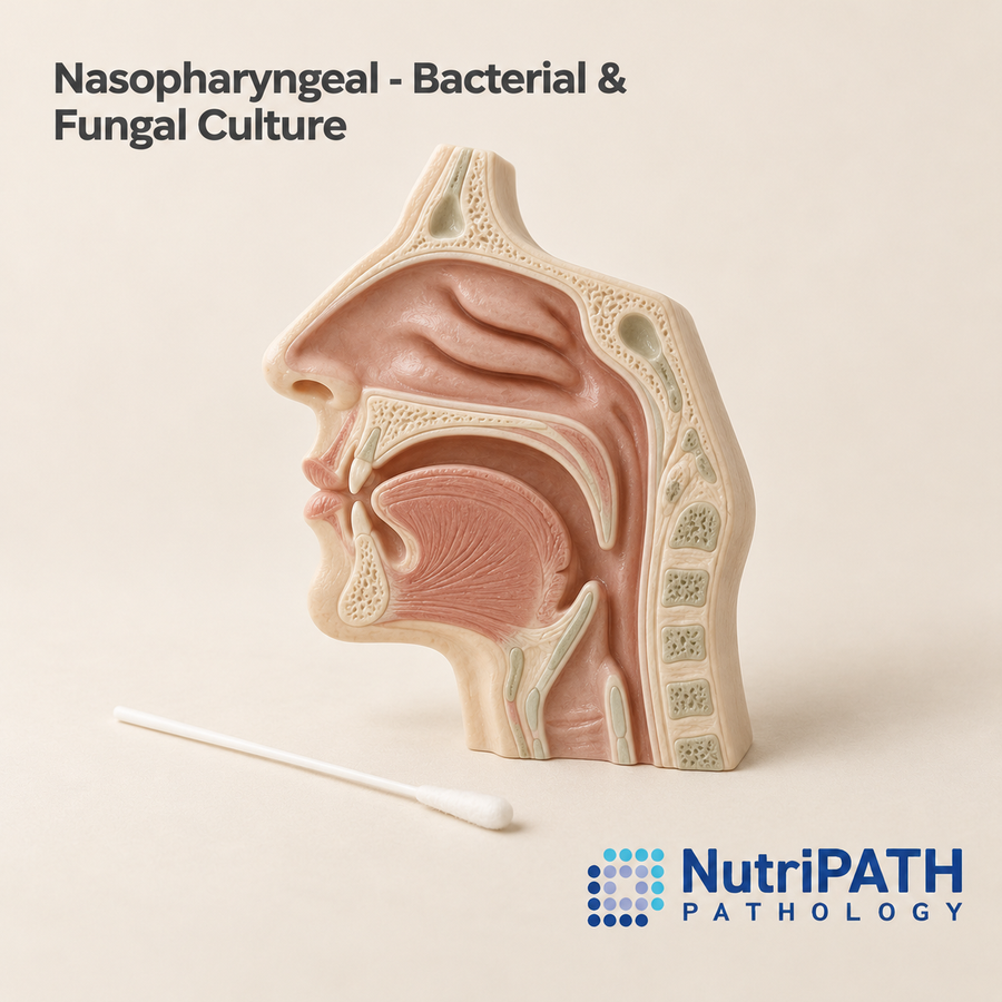 Nasopharyngeal - Bacterial & Fungal Culture — original OptiLabs clinical illustration with supplier logo; collection items are illustrative, not the exact supplied kit