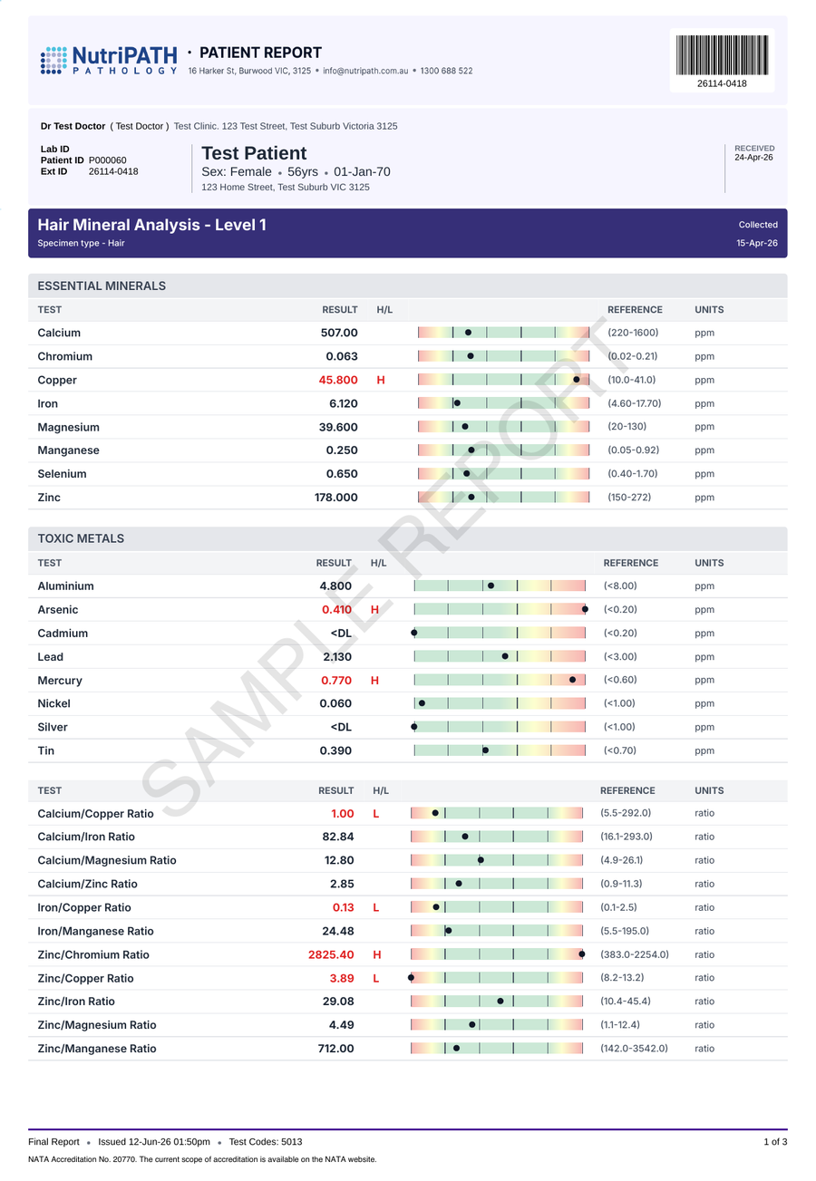 NutriPATH published sample report · Hair Mineral Analysis - Level 1 · Example page 1; report format may vary