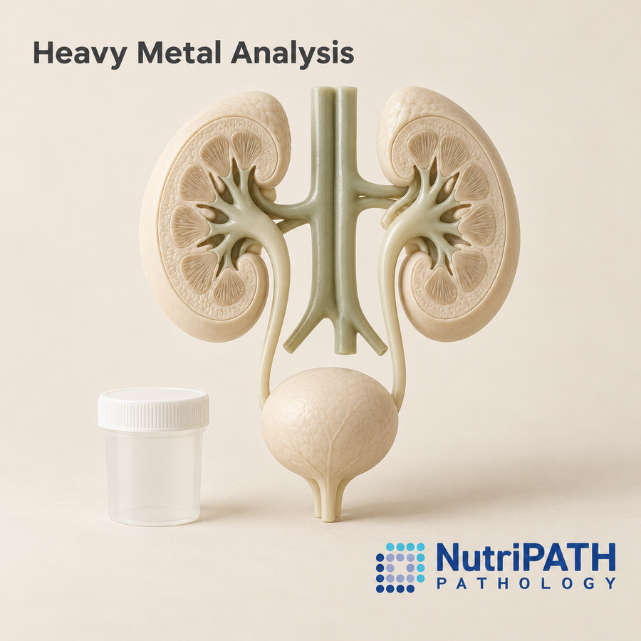 Heavy Metal Analysis — original OptiLabs clinical illustration with supplier logo; collection items are illustrative, not the exact supplied kit