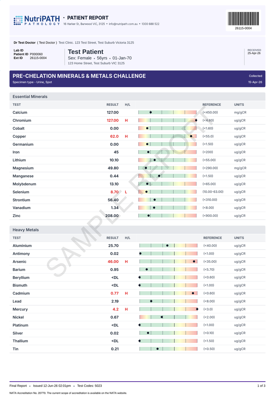 NutriPATH published sample report · PRE-Chelation Metals & Minerals Challenge · Example page 1; report format may vary