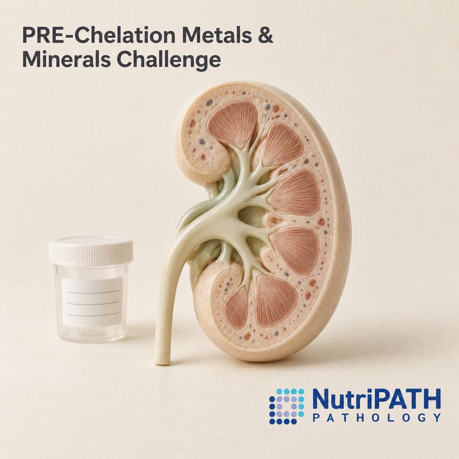 PRE-Chelation Metals & Minerals Challenge — original OptiLabs clinical illustration with supplier logo; collection items are illustrative, not the exact supplied kit