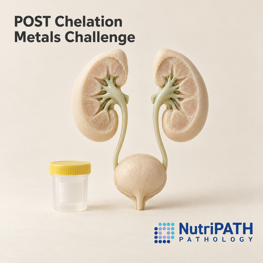 POST Chelation Metals Challenge — original OptiLabs clinical illustration with supplier logo; collection items are illustrative, not the exact supplied kit