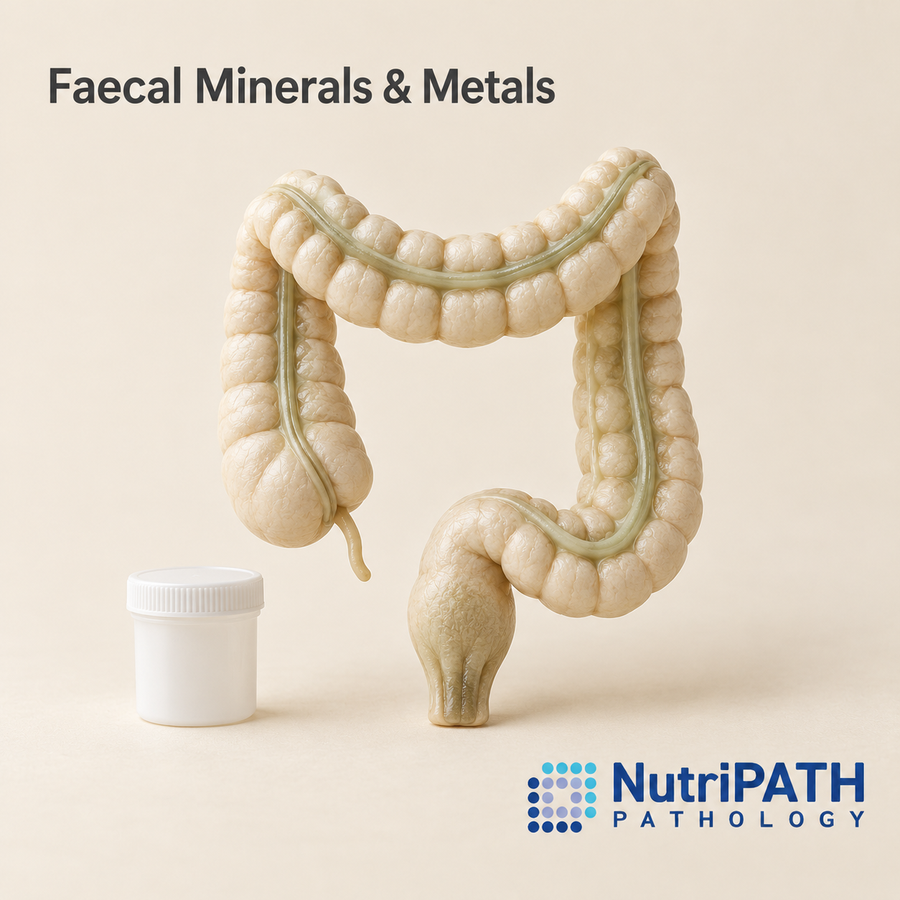 Faecal Minerals & Metals — original OptiLabs clinical illustration with supplier logo; collection items are illustrative, not the exact supplied kit