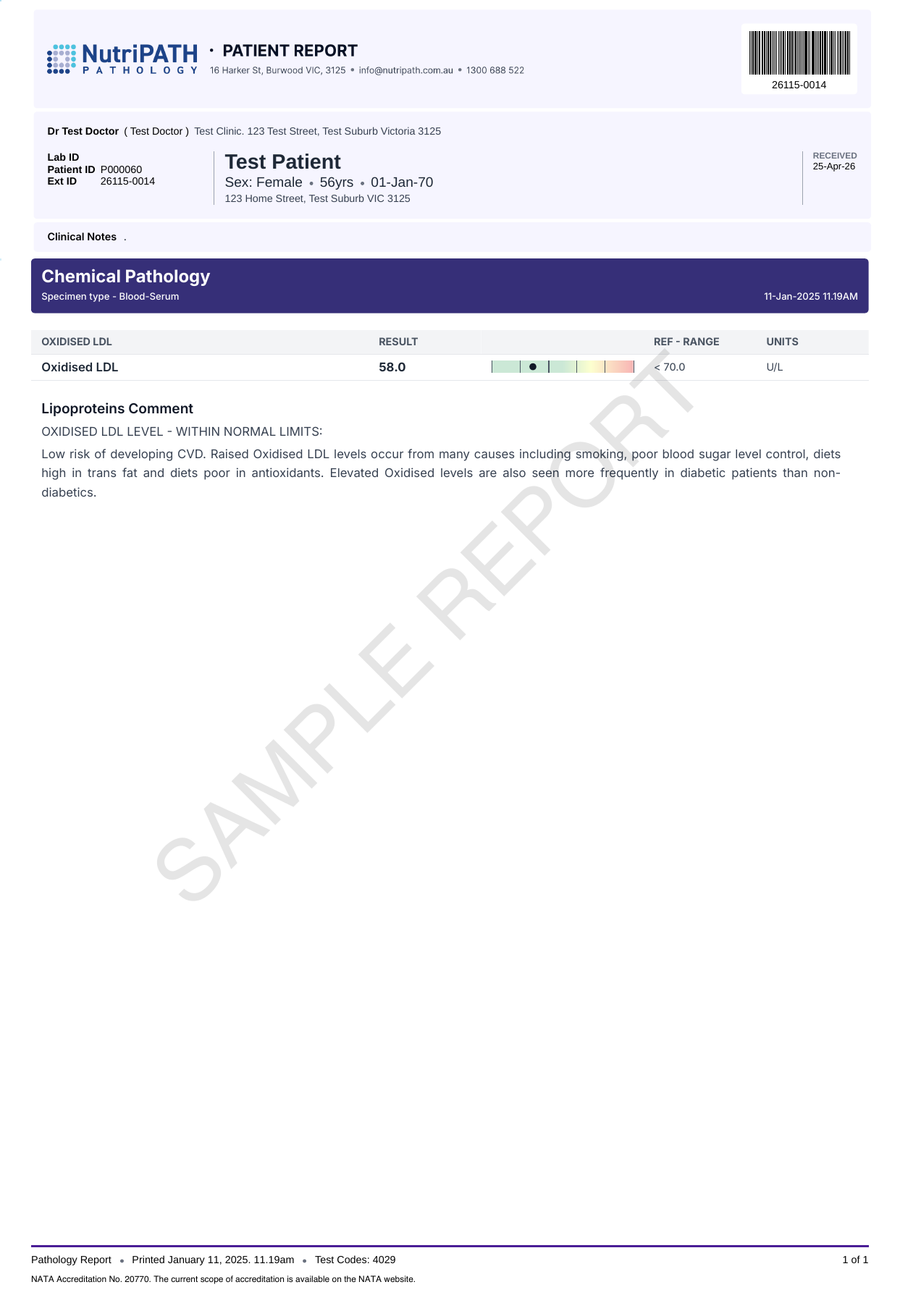 NutriPATH published sample report · Oxidised LDL · Example page 1; report format may vary