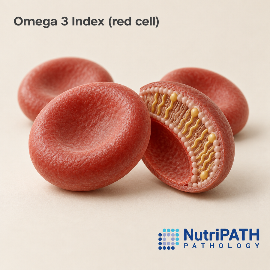 Omega 3 Index (red cell) — original OptiLabs clinical illustration with supplier logo; collection items are illustrative, not the exact supplied kit